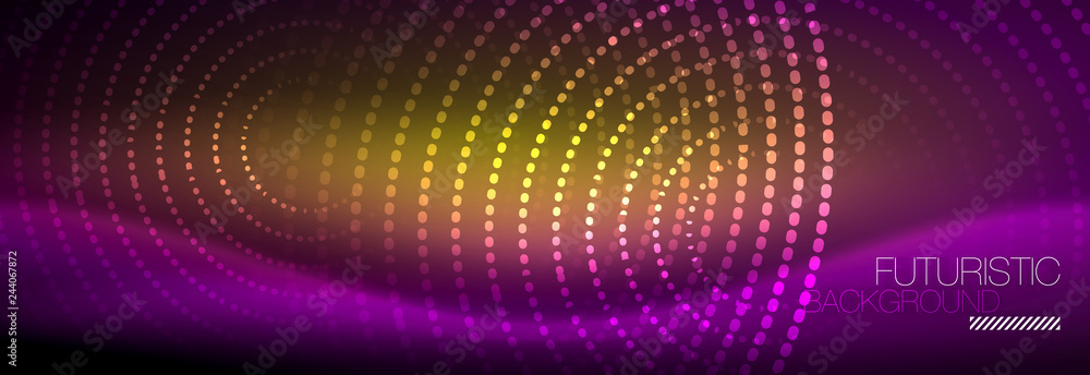 Glowing neon circle line dots, round line design, abstract style on black background. Neon abstract round circles Magic neon lights and glowing dots Glowing neon circle line dots, round line design, abstract style on black background. Neon abstract round circles Magic neon lights and glowing dots