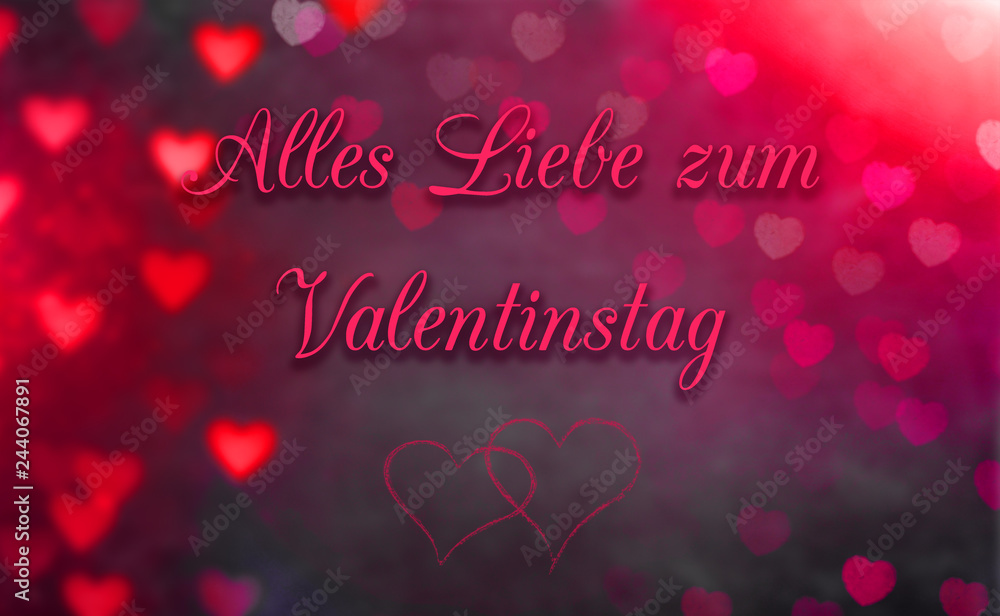 Grußkarte mit roten Herzen im Hintergrund und dem Text Alles liebe zum Valentinstag