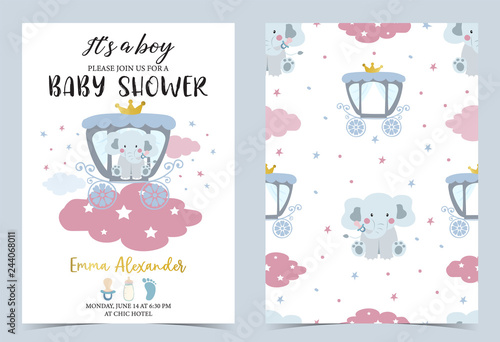 Pink blue birthday invitation with carriage,elephant,bottle,milk and cloud