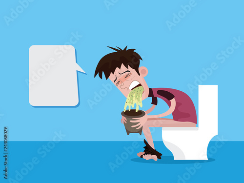 Men have abdominal and vomiting symptoms. Sick because of food poisoning, vector character
