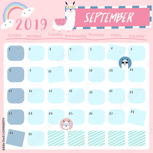 Cute monthly calendar 2019 with llama,rainbow and star for children.Can be used for web,banner,poster,label and printable