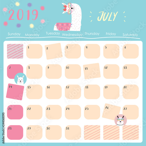 Cute monthly calendar 2019 with llama,rainbow and star for children.Can be used for web,banner,poster,label and printable