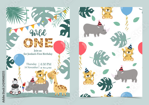 Green birthday card with rhino,tiger,zebra and balloon