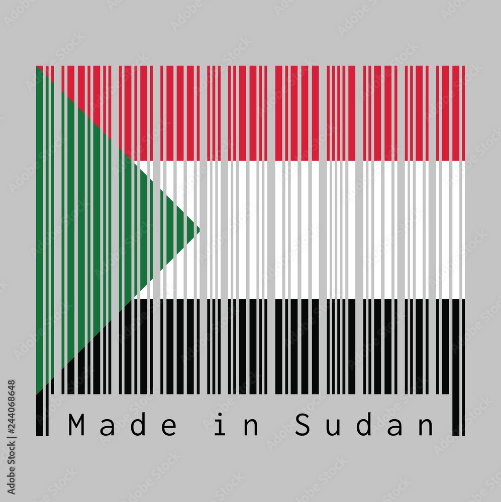 Barcode set the color of Sudanese flag, red white and black; with a green triangle based at the hoist. Barcode set the color of Sudanese flag, red white and black; with a green triangle based at the hoist.