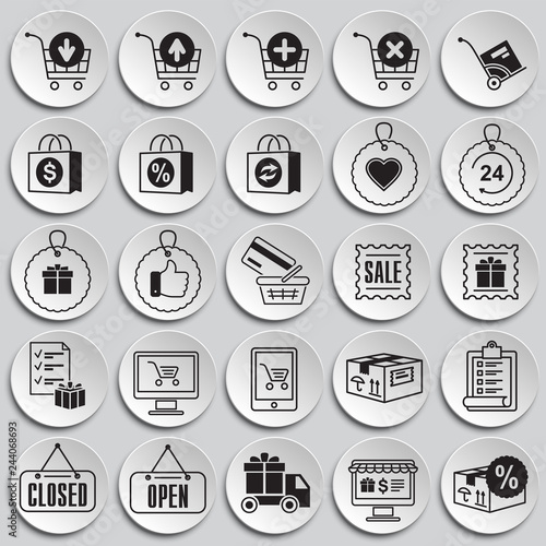 Online shopping icons set on plates background for graphic and web design, Modern simple vector sign. Internet concept. Trendy symbol for website design web button or mobile app