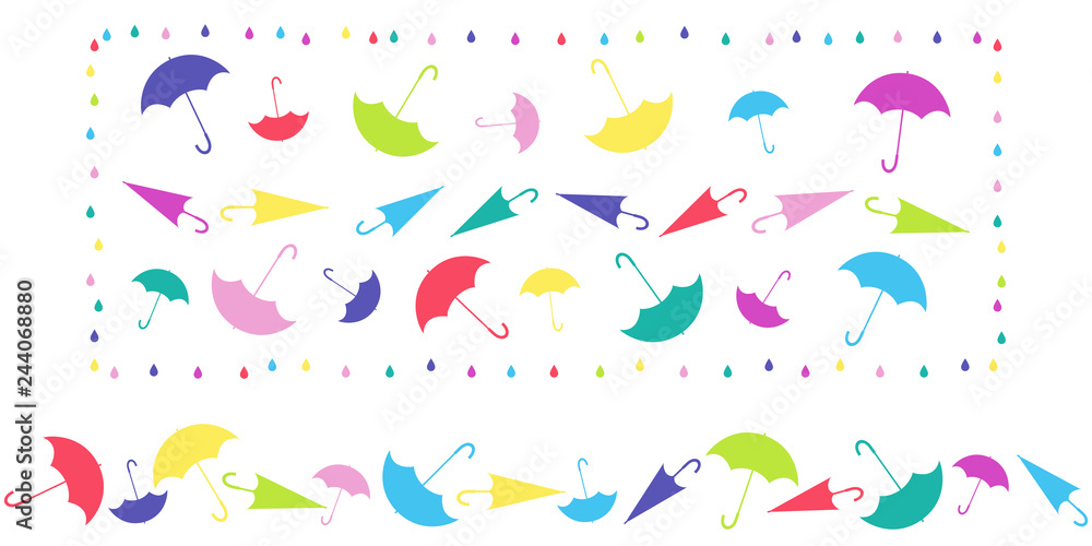 Set. Pattern in frame and horizontal pattern from umbrellas in different positions, with raindrops on white background. Colored vector illustration for design. Set. Pattern in frame and horizontal pattern from umbrellas in different positions, with raindrops on white background. Colored vector illustration for design.