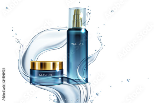 Vector 3d realistic illustration with glass jar of cosmetics with golden cap, lotion in water splashes. Mockup with moisturizing cream, natural gel. Bottle in blue liquid splashing on white background
