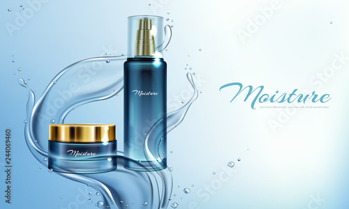Vector 3d realistic illustration with moisturizing cream, lotion in water splashes. Mock up cosmetic banner. Glass jar of cosmetics, natural serum or gel. Bottle with essence isolated on background