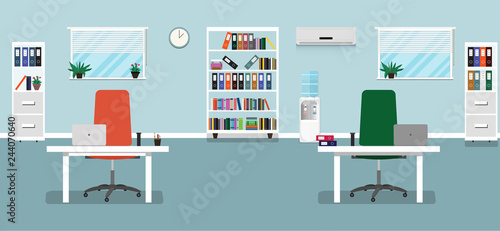 Flat office concept illustration. Workplace office interior with two Chairs, desks, vases, laptops, bookcases, windows, conditioner, cooler, clock. Vector illustration. 