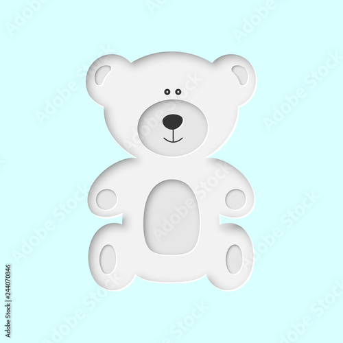 cute north arctic polar white baby bear toy in paper cut craft style sitting on white blue snow background, stock vector illustration clip art