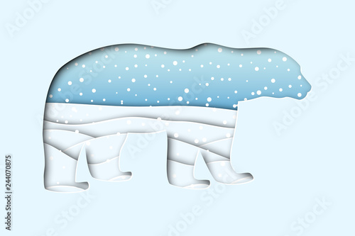 north arctic polar white bear in paper cut craft style with winter north pole landscape, stock vector illustration clip art