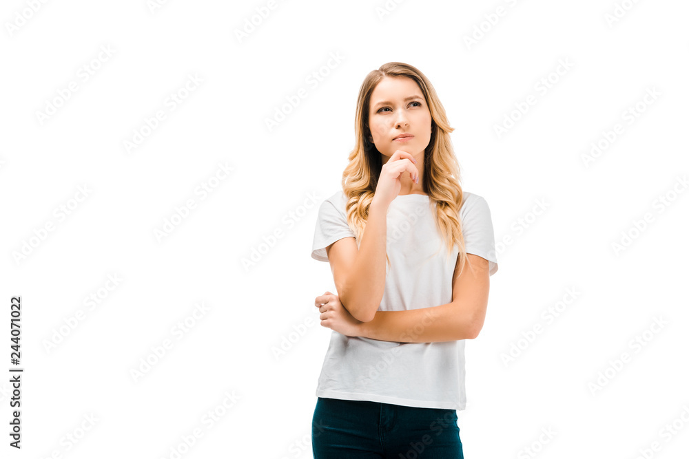 beautiful thoughtful girl standing with hand on chin and looking up isolated on white beautiful thoughtful girl standing with hand on chin and looking up isolated on white
