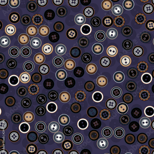 Vector seamless pattern. Contrast colors with black and orange details on blue. Cute cartoon illustration of scattered buttons. Design for textile, wrapping, greetings cards, any backgrounds etc.