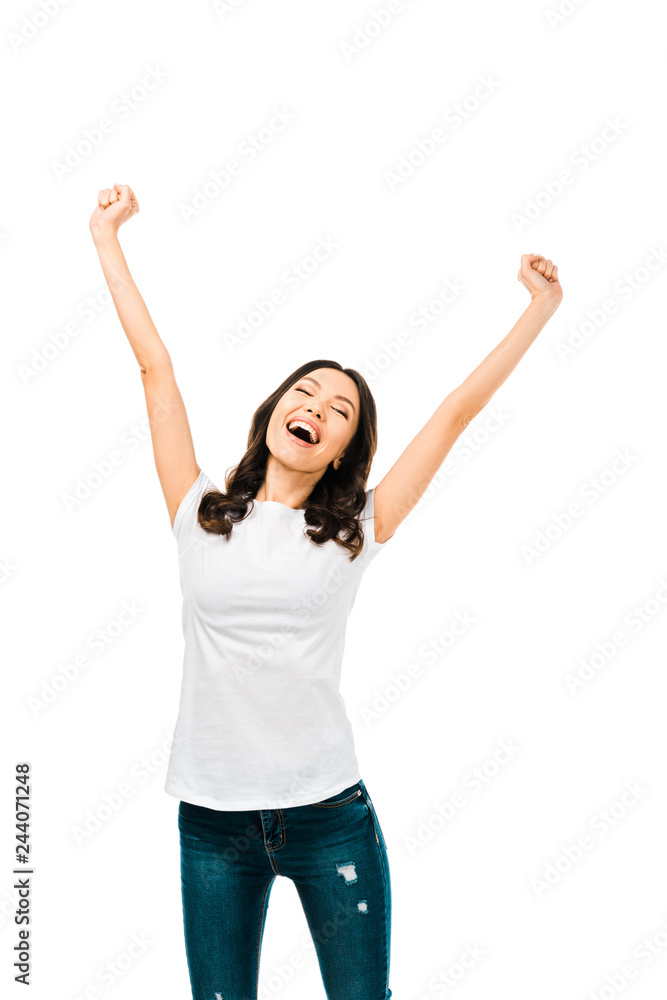 happy young woman with closed eyes stretching hands isolated on white happy young woman with closed eyes stretching hands isolated on white