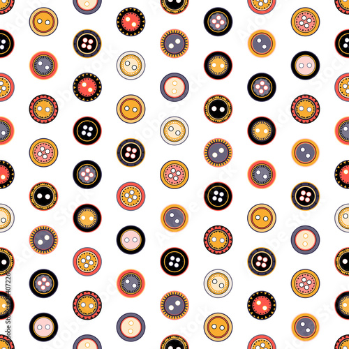 Vector seamless pattern. Bright colors with black and orange details on white. Cute cartoon illustration of buttons arranged in order. Design for textile  wrapping  cards  any backgrounds etc.
