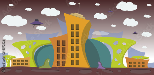 colorful vector cartoon alien city with extraterrestral inhabitants