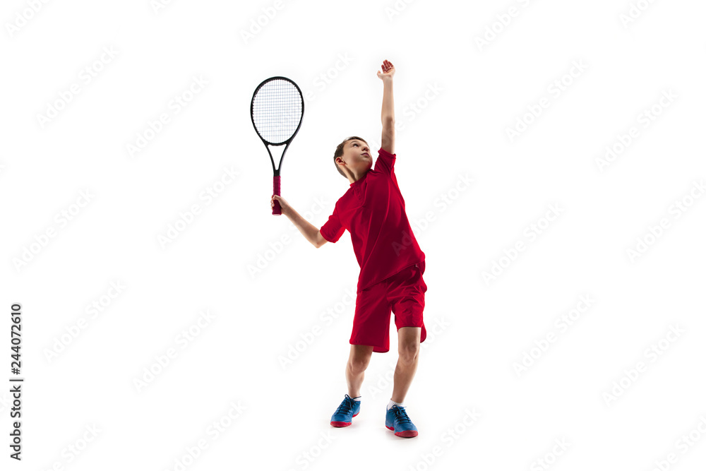 Young teen boy tennis player in motion or movement isolated on white studio background. The sport, exercise, training concept Young teen boy tennis player in motion or movement isolated on white studio background. The sport, exercise, training concept