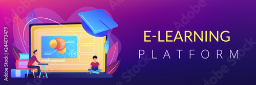 Students using e-learning platform video on laptop and graduation cap. Online education platform, e-learning platform, online teaching concept. Header or footer banner template with copy space.