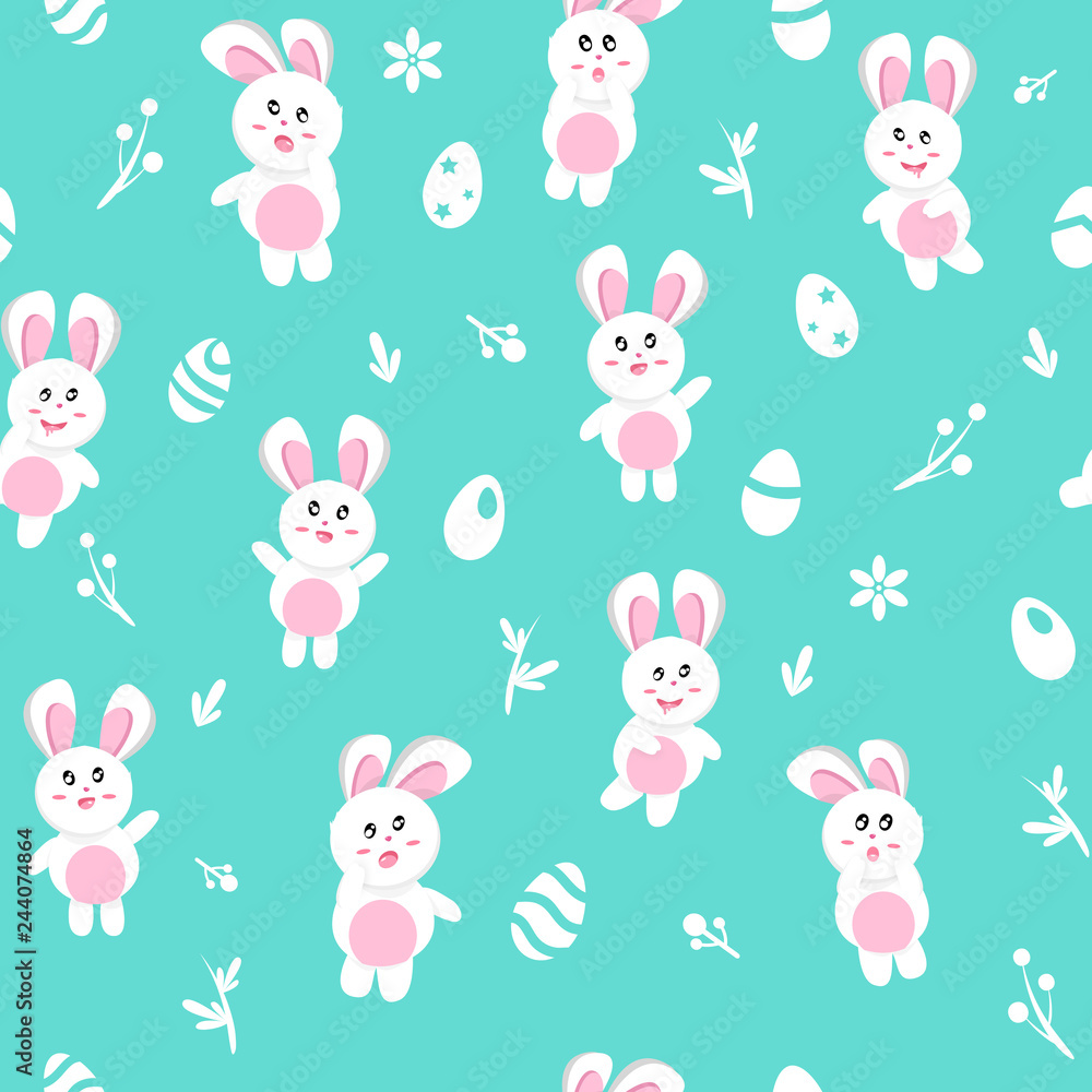 Rabbit in winter, seamless pattern, Happy easter egg, background texture cute baby cartoon seasonal holiday, vector illustration