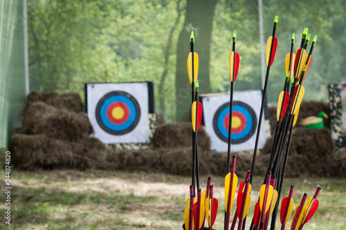 Bright colored arrows in a haystack against the backdrop of a target. Outdoors