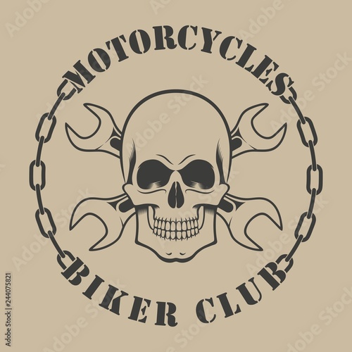 Biker emblem. Skull with keys. Text and chain.