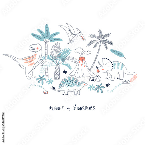 Cute Dino hand drawn summer vector illustration. Planet of dinosaurs quote. Perfect for kids t-shirt print, children fashion wear, wall art posters