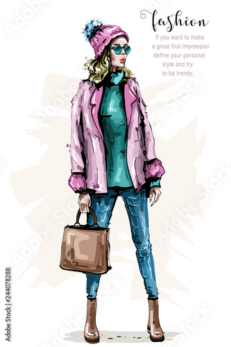 Hand drawn beautiful young woman in fashion clothes. Stylish elegant girl with bag. Fashion woman look. Blonde hair female character in winter clothing. Sketch.