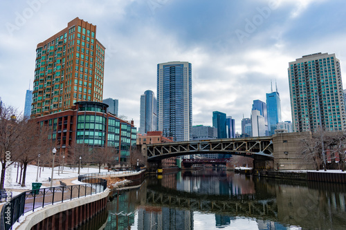 Ohio Street Bridge from Ward Park in River North Chicago during Winter photo