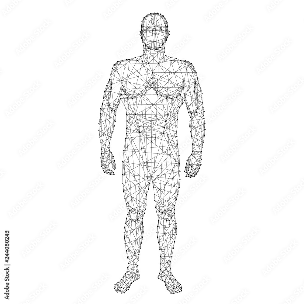 Human body from abstract futuristic polygonal black lines and dots. Vector illustration.
