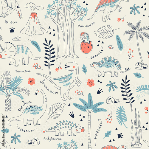 Childish seamless pattern with hand drawn dino in scandinavian style. Creative vector kid-like background for fabric, textile, apparel and more