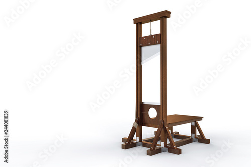 Guillotine instrument for inflicting capital punishment by decapitation isolated on white background. Old wooden instrument for execution. Space for design or text 3d Rendering illustration