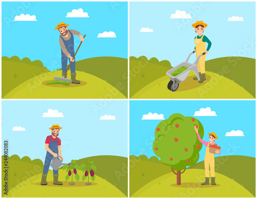 Farmer with Compost Trolley Vector Illustration