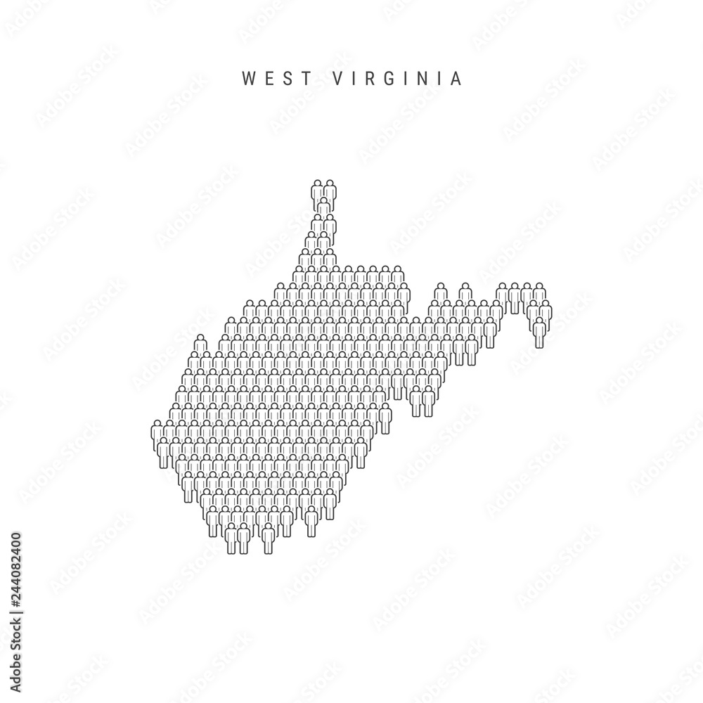 Vector People Map of West Virginia, US State. Stylized Silhouette, People Crowd in the Shape of a Map of West Virginia. West Virginia Population. Illustration Isolated on White Background.