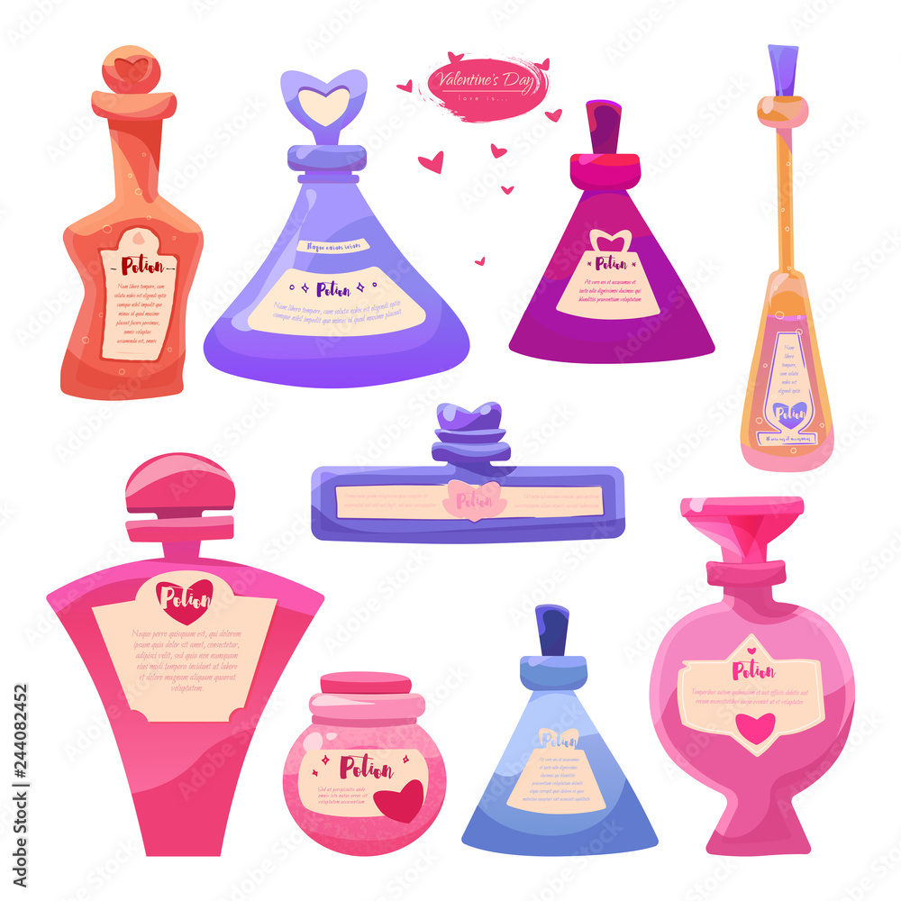 Vector set Valentine's day items bottles of magic love potion. Isolated on white background for the design of gift cards, posts. Vector set Valentine's day items bottles of magic love potion. Isolated on white background for the design of gift cards, posts.