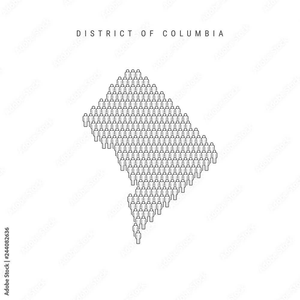 Vector People Map of Washington, District of Columbia. Stylized Silhouette, People Crowd in the Shape of a Map of Washington DC. Washington DC Population. Illustration Isolated on White Background.