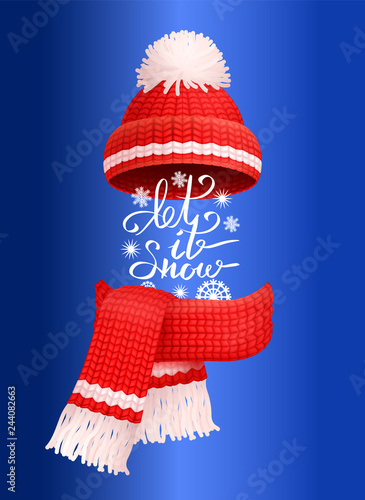 Let It Snow Lettering Red Knitted Scarf Hat Vector