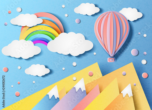 Vector illustration of a balloon flying in the sky and a rainbow over the landscape. In the style of cut paper