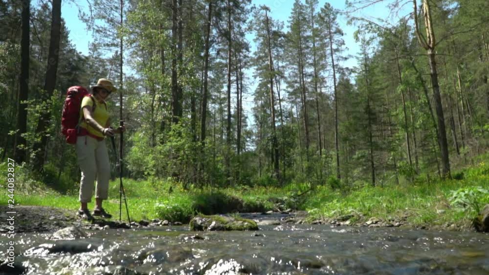 The woman the traveler with a backpack and sticks for tracking passes a mountain stream.