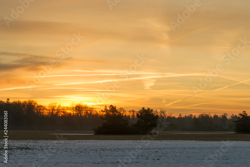 The sun rises over partially snowy fields behind a row of trees and turns the sky orange