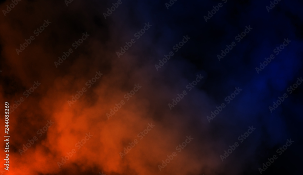Abstract blue vs orange smoke steam moves on a black background . The concept of aromatherapy