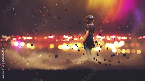 man in hood standing against background night city, motion painting