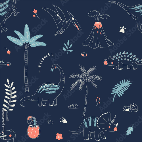 Childish seamless pattern with hand drawn dino in scandinavian style. Creative vector kid-like background for fabric, textile, apparel and more