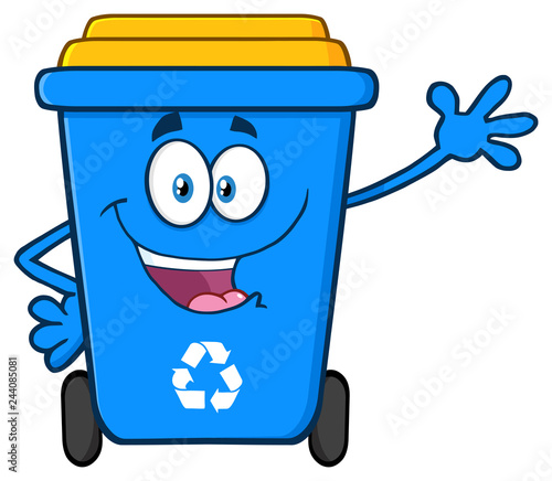 Happy Blue Recycle Bin Cartoon Mascot Character Waving For Greeting . Vector Illustration Isolated On White Background