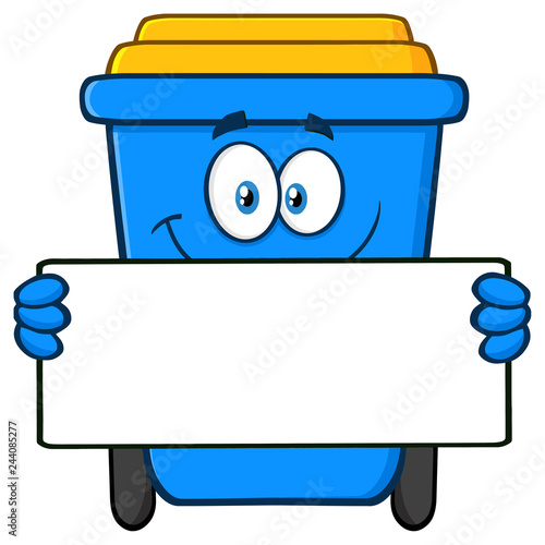 Smiling Blue Recycle Bin Cartoon Mascot Character Holding Blank Sign. Vector Illustration Isolated On White Background