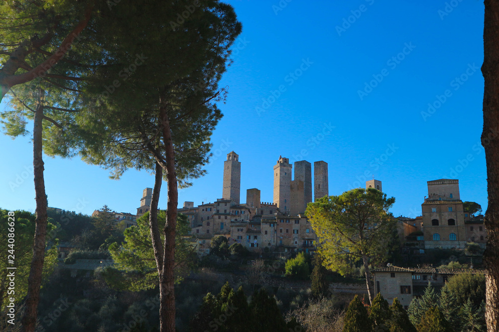 Panoramic view to San Gimignano old town with medieval towers and a pine trees with blue sky on the background, Tuscany, Italy