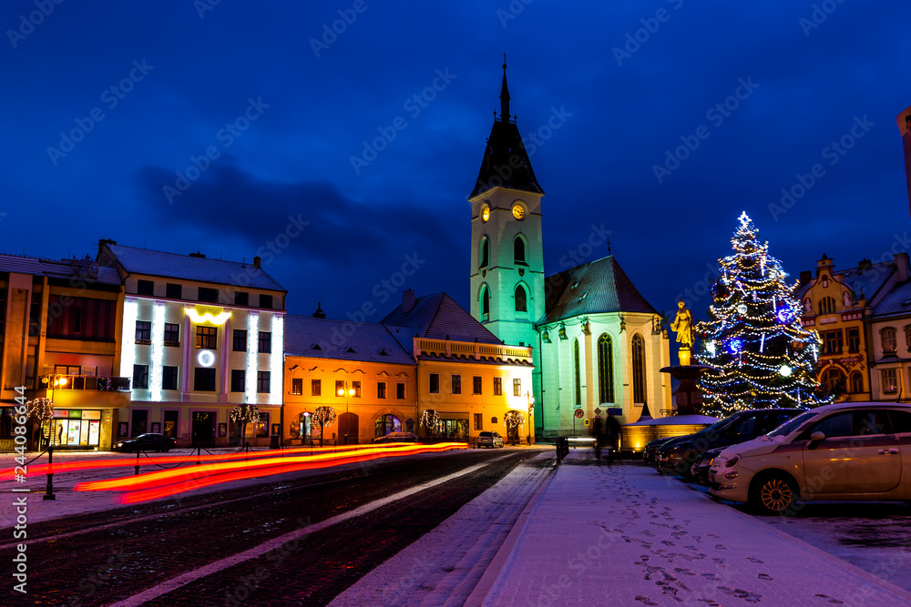 Center of Vodnany with christmas tree, Czech republic.