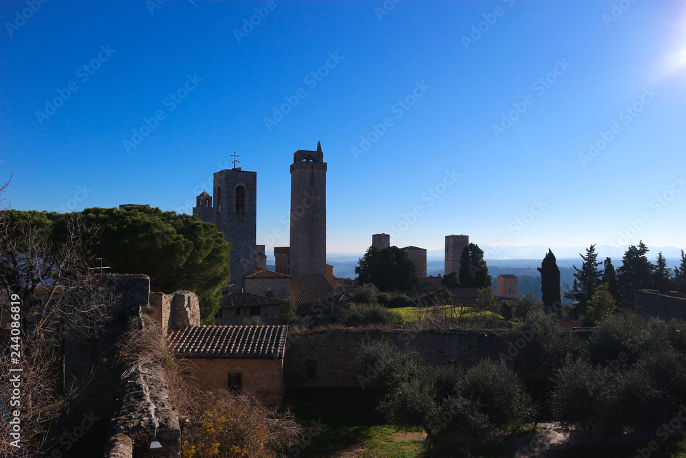 View to the medieval towers of San Gimignano from Rocca di Montestaffoli fortress, Tuscany, Italy