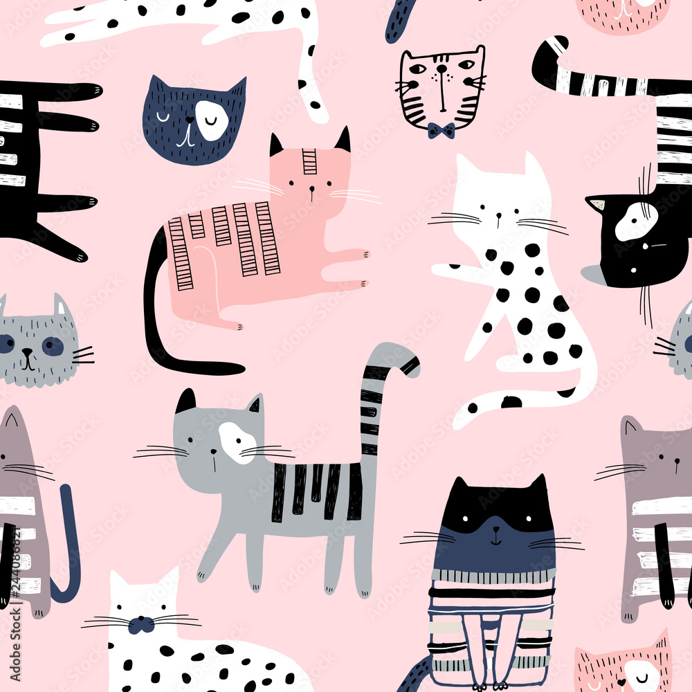 Fototapeta Seamless pattern with cute colorful Kittens. Creative childish texture. Great for fabric, textile Vector Illustration