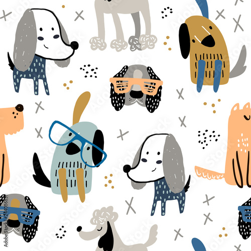 Childish seamless pattern with funny creative dogs in glasses. Trendy scandinavian vector background. Perfect for kids apparel,fabric, textile, nursery decoration,wrapping paper