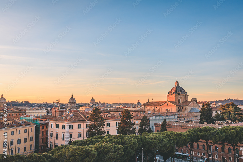 Cityscape of Rome in golden hour light